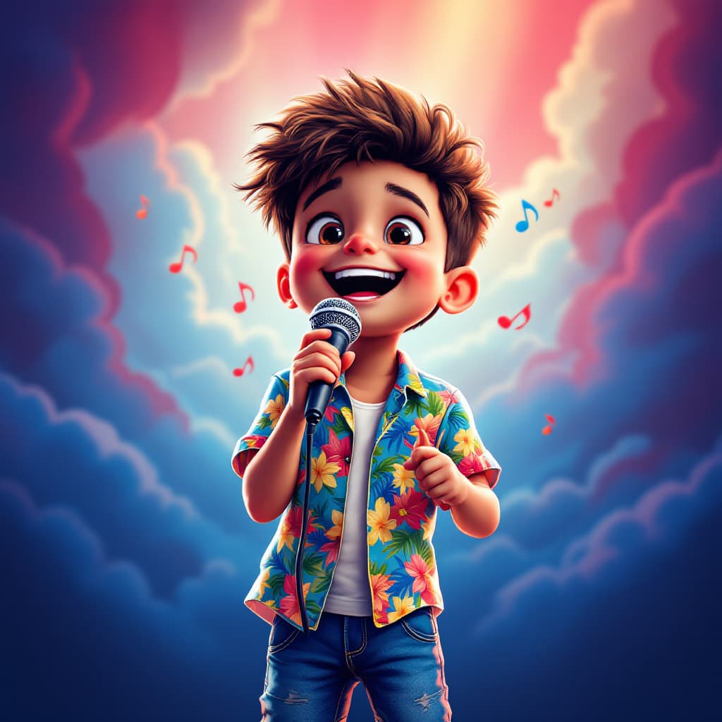 AI generated: A cute boy is singing with a microphone in his hand, wearing blue jeans and colourful Hawaiian desig...