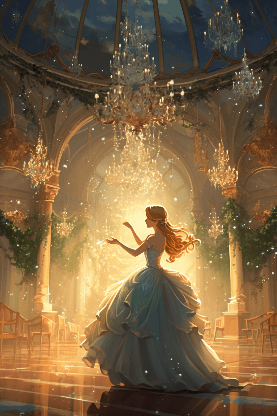 AI generated: Fairytale illustration, a princess dancing in a magical ballroom, Romance book, Fantasy Art,set agai...