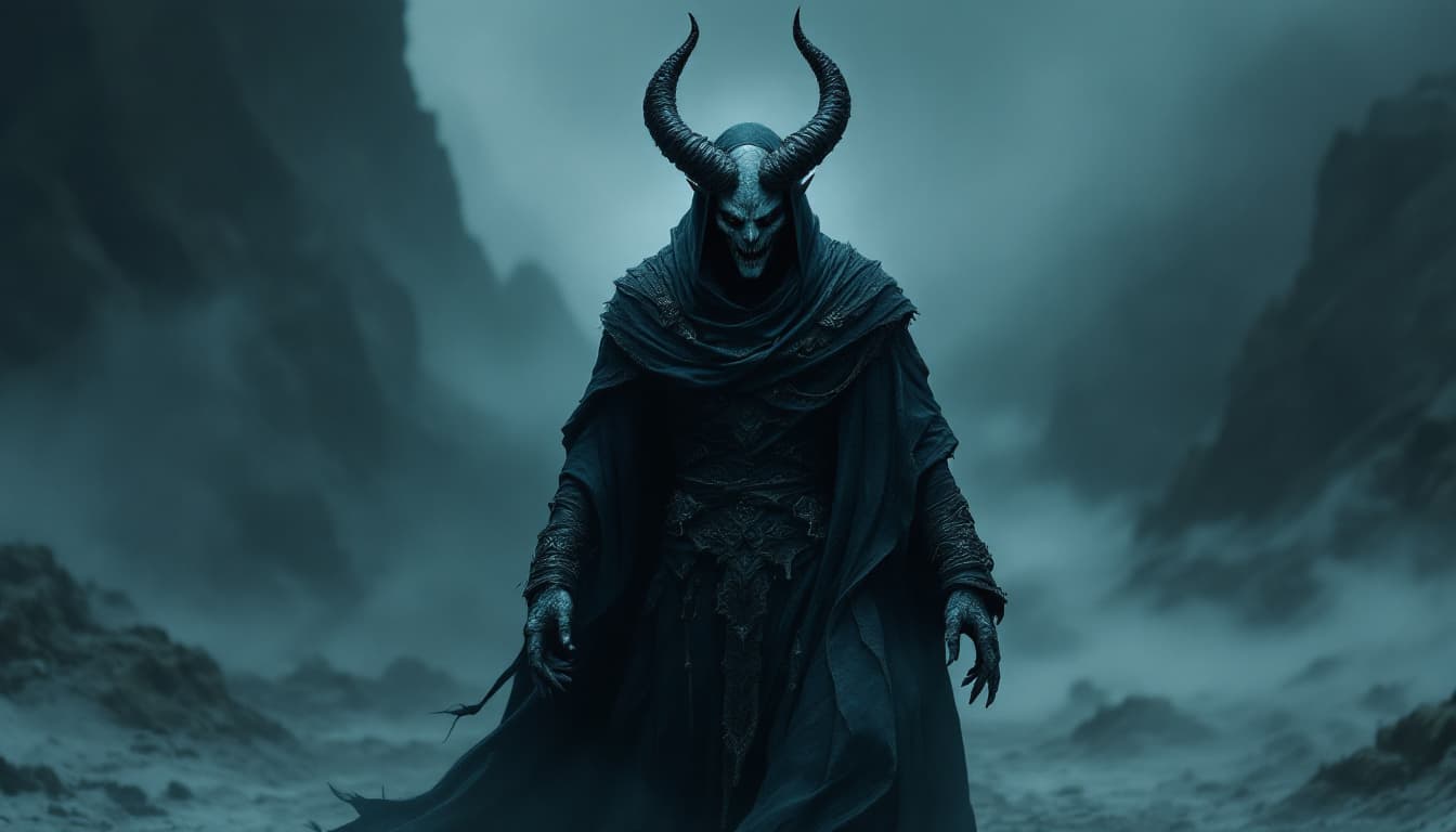 AI generated: demonic figure, dark robe with intricate details, imposing horns on head, dark and eerie landscape, ...