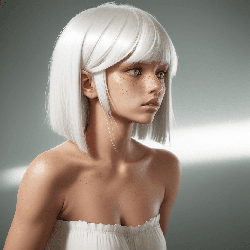AI generated: Medium shot, side profile photo of a young tan woman, freckles. with white hair, her eyes completely...