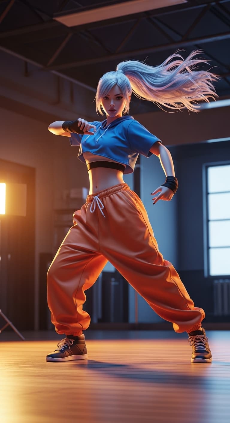 AI generated: hyper-stylized street dancer girl, anime-realistic hybrid style, silver ponytail, sporty crop top, j...