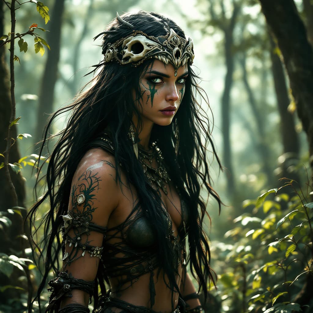 AI generated: A fierce beautiful native american warrior in an enchanted forest. wild tribe girl, tanned, green an...
