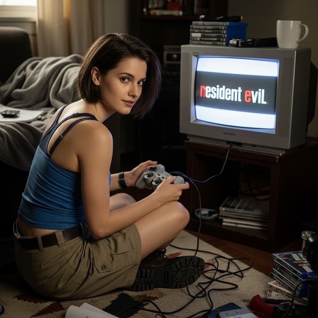 AI generated: jill valentine sitting on the floor playing resident evil on an old tv using playstation controller,...