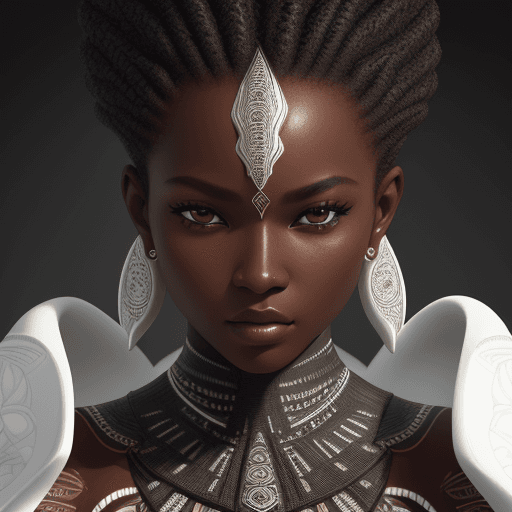 AI generated: intricate closeup shot, masterpiece artwork, black skin-tight body, tribal, suit, white accent, deta...