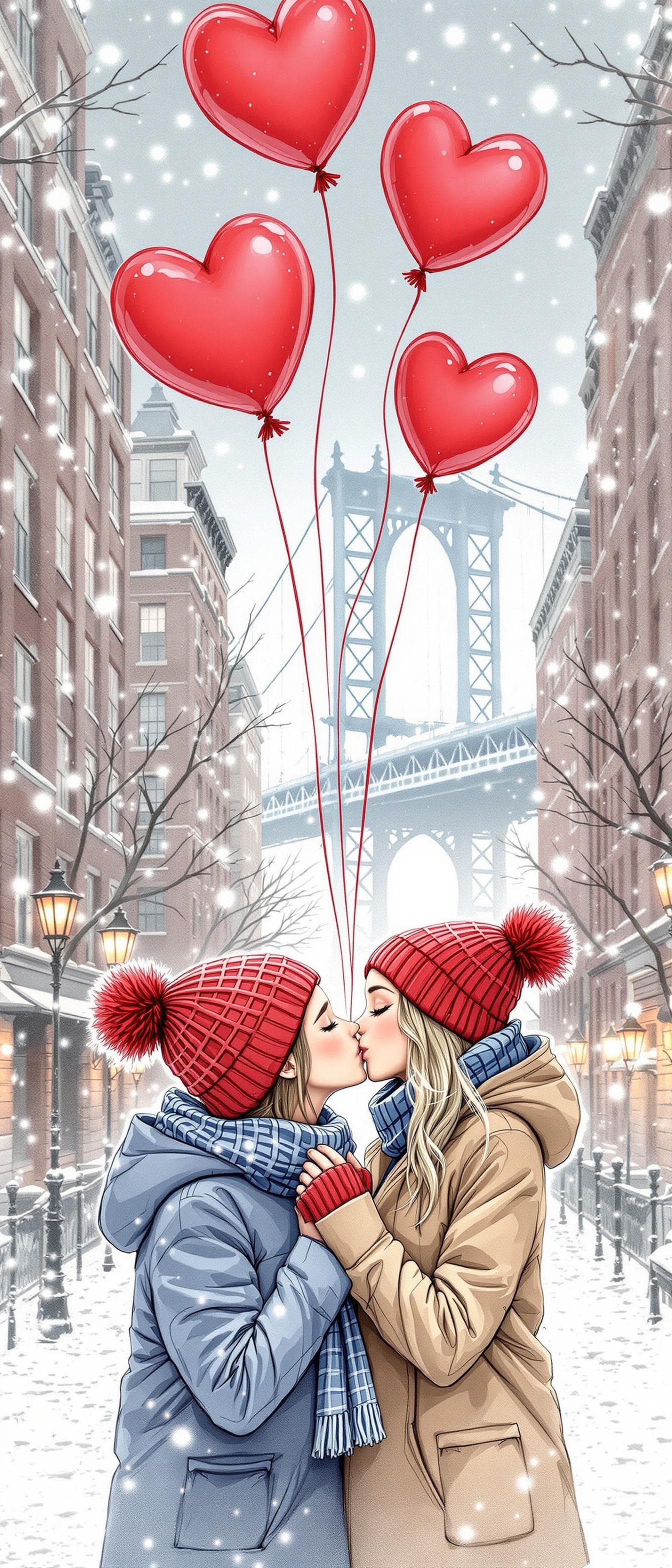 AI generated: A romantic couple kissing on a snowy winter street in New York City, hand-drawn pencil sketch style ...