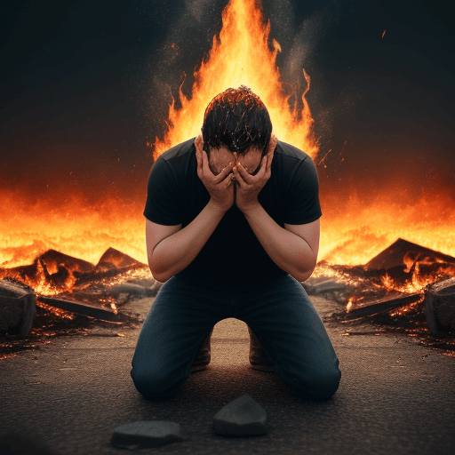 AI generated: man kneeling on the ground, crying out to God and the fire of God's power falling on his head and ch...