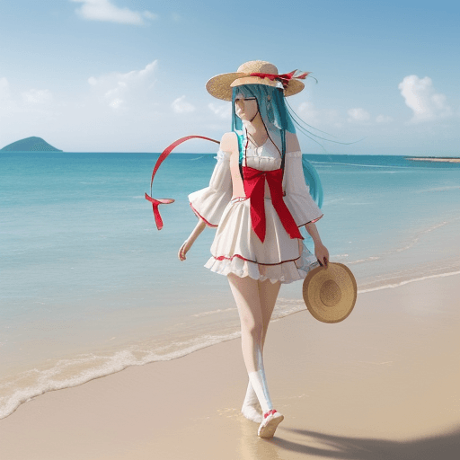 AI generated: Hatsune Miku walking on a beautiful shore, wearing a round straw hat with red ribbon+, 8k anime wall...