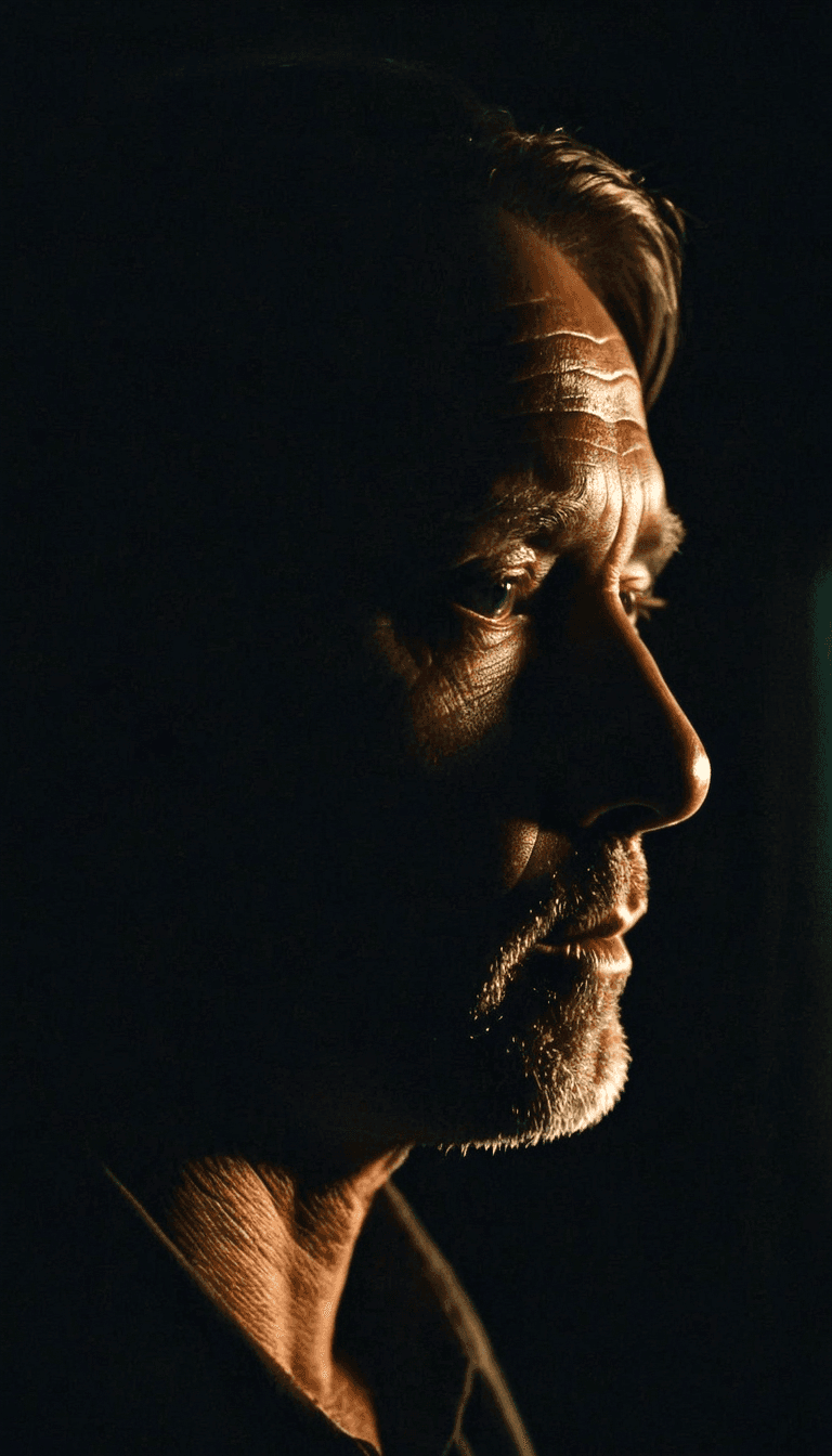 AI generated: Side view of silhouette gray-haired old man in street lights, volumetric lighting, cinematic angle, ...