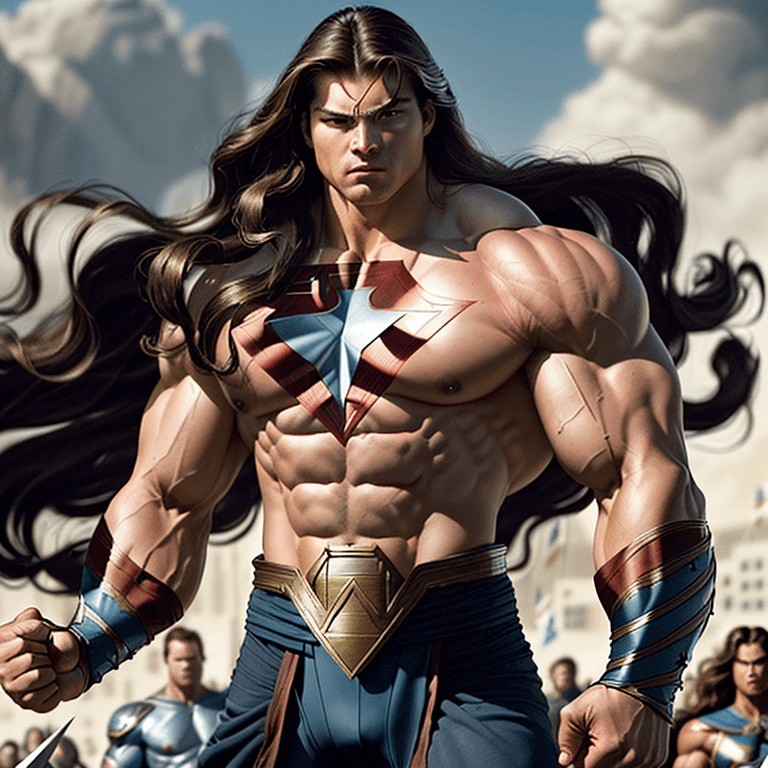 AI generated: a humanities last hope for freedom, strong, powerful, strong muscular savior, long flowing wavy retr...