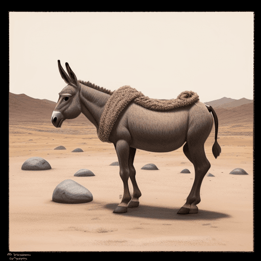 AI generated: brown pencil drawing of a donkey seen from the side, around the donkey a desolate landscape without ...