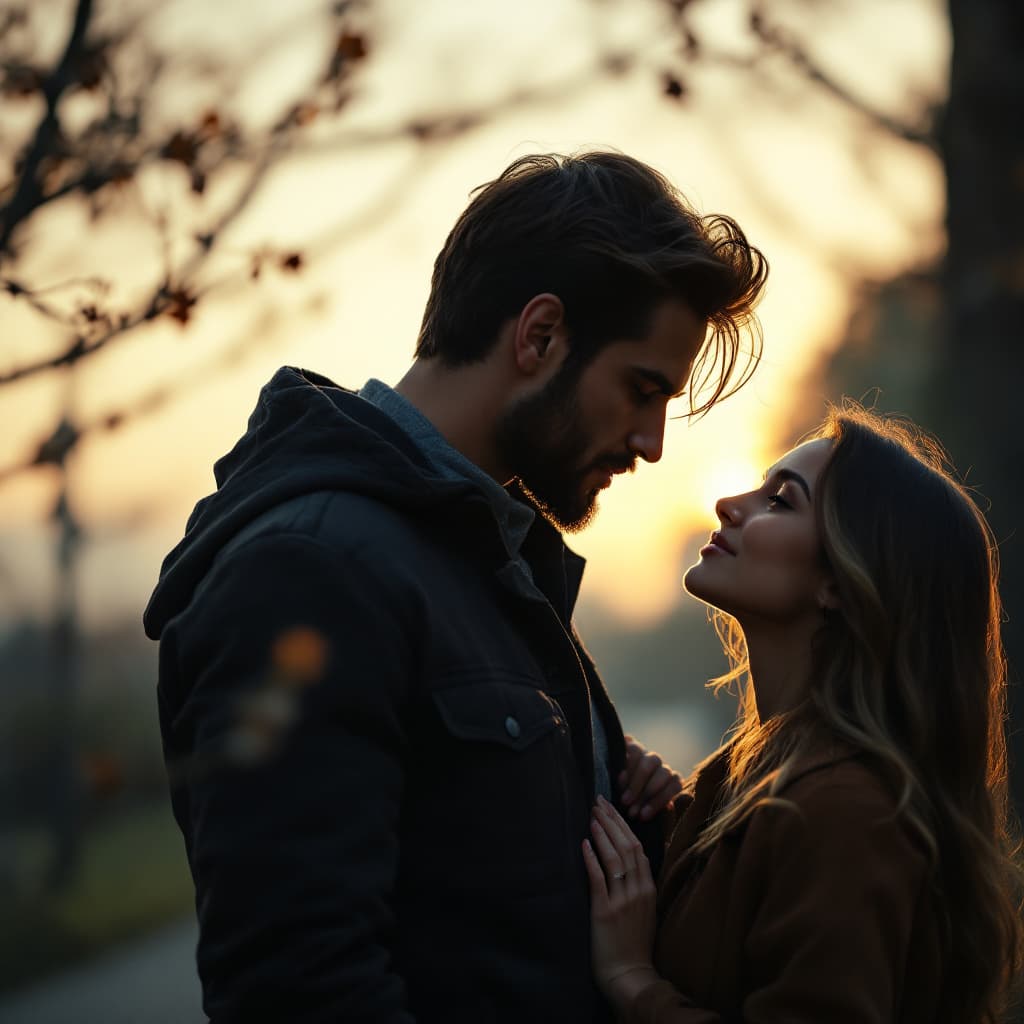 AI generated: A handsome man staring at his woman, make it more romantic and set the mood more cinematic with 4k r...