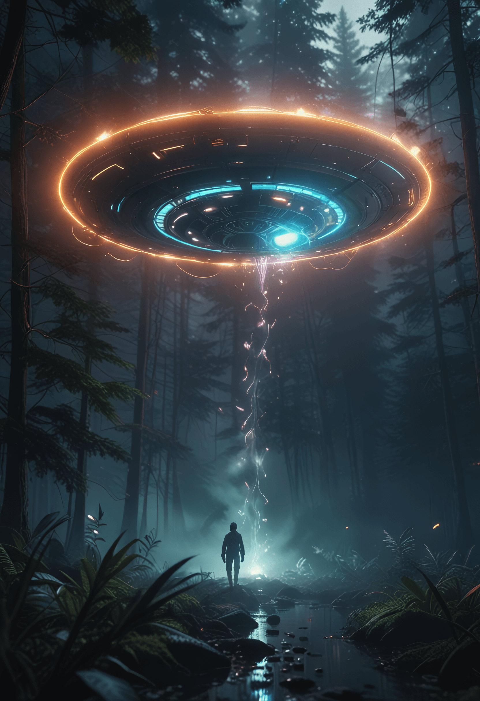 AI generated: ufo  in forest,dynamic,mystique lights,smoke,abanoned place ,glowing ,colourful,laserlight