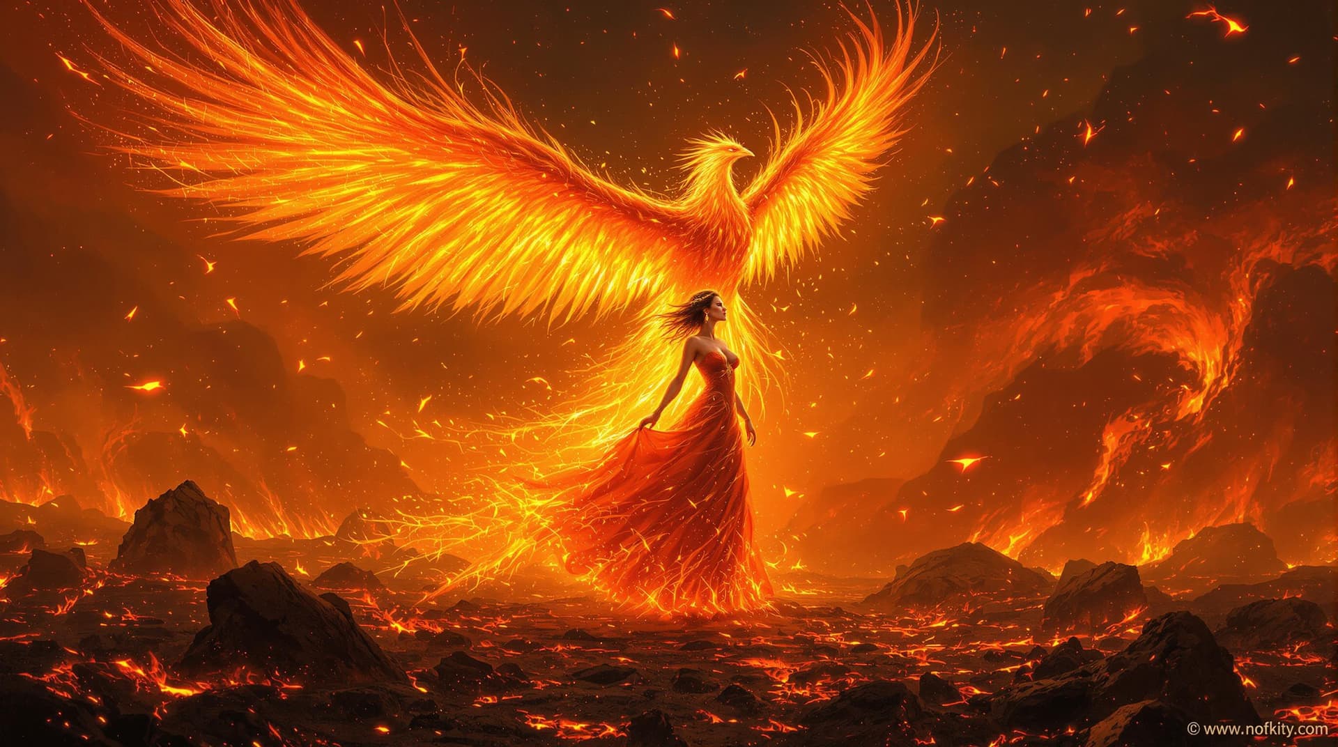 AI generated: Amidst a fiery wasteland of smoldering ash and volcanic stone, a regal figure rises with commanding ...