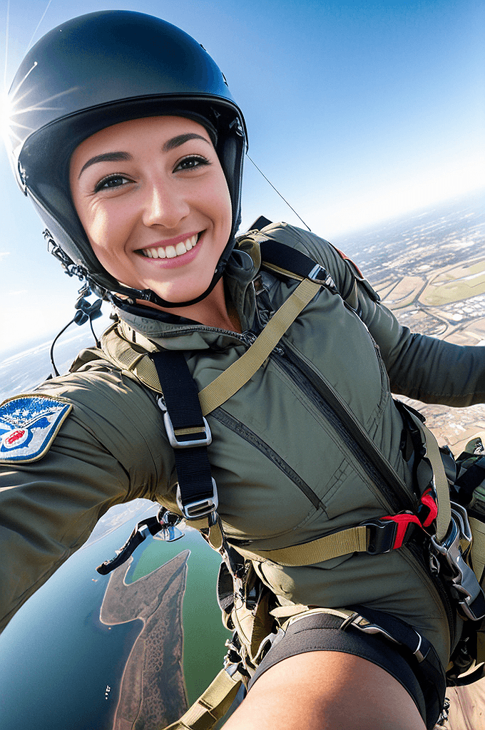 AI generated: female parachutist, jumping from plane, smile, selfie, motion, full body visible, detailed skin, rea...