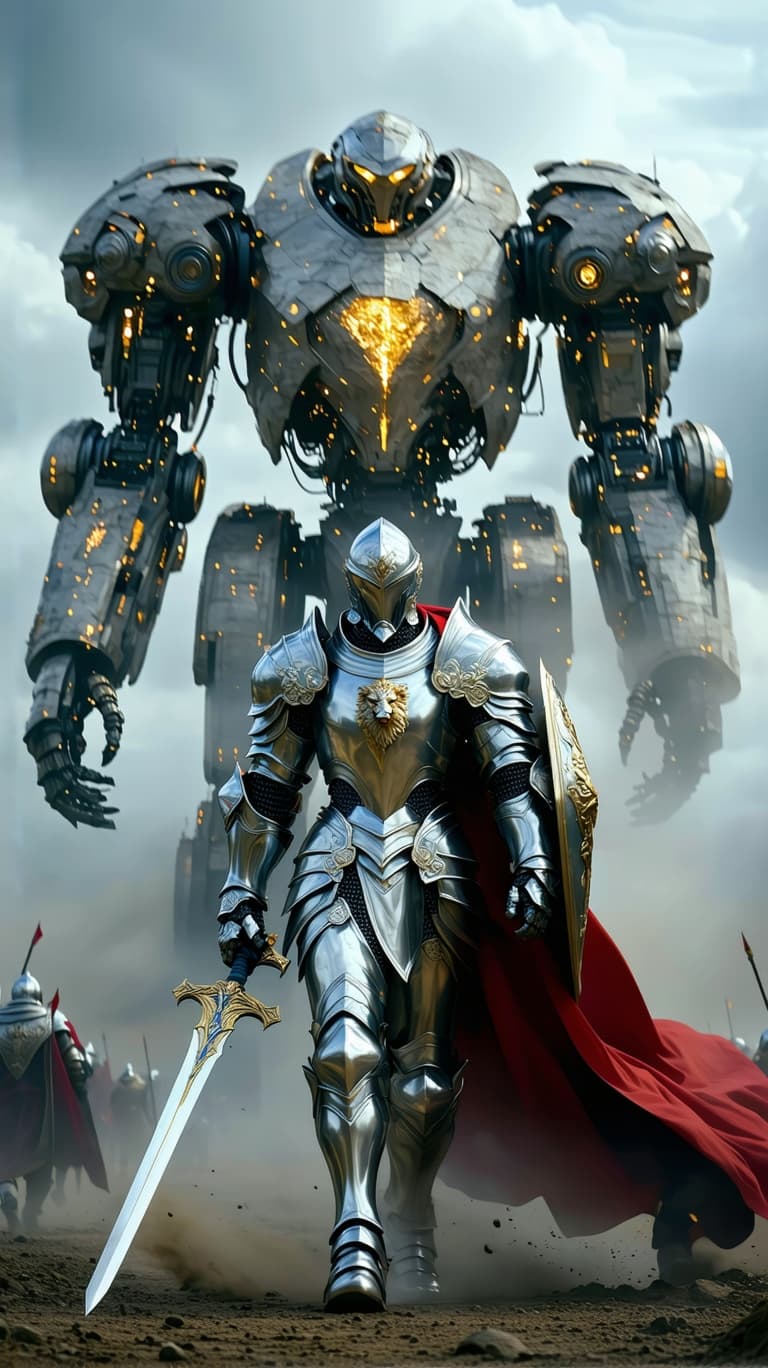 AI generated: An ultra-realistic, zoomed out, front facing, full-body portrait of a noble Paladin in gleaming silv...