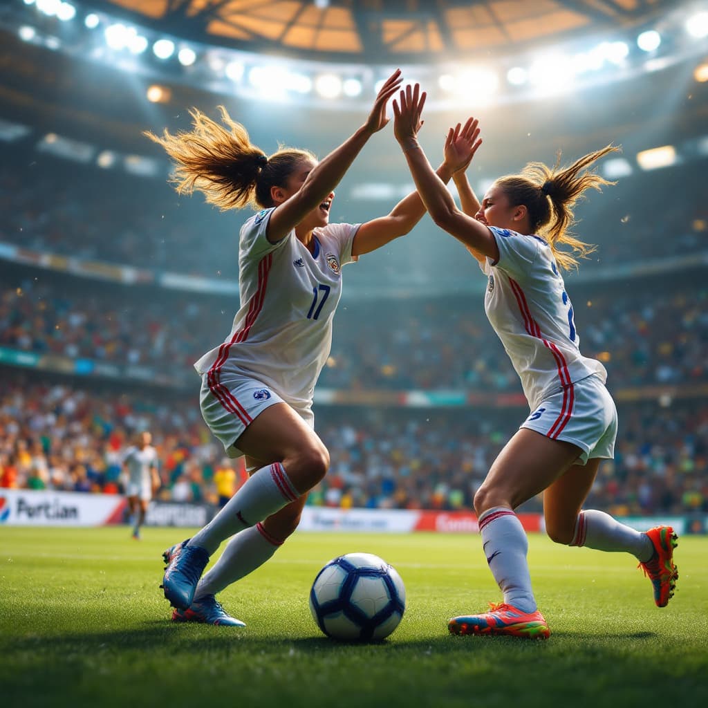 AI generated: girl soccer players making the game winning goal to win the championship and celebrating