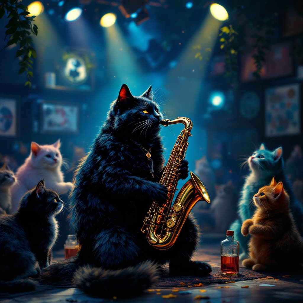 AI generated: Cool relaxed black cat playing a golden saxophone on a back stage in  a dimly lit night club with bl...