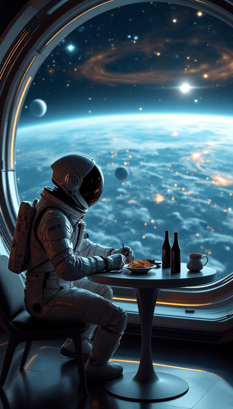AI generated: A cinematic, highly detailed scene of an astronaut dining in a futuristic space cafe, wearing a slee...