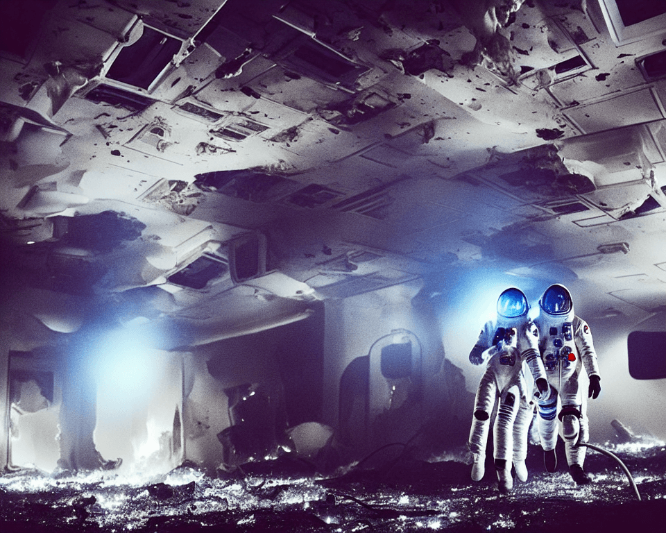 AI generated: two   white suited astronauts are  running wild in a futuristic smoky corridor in a spaceship. the r...