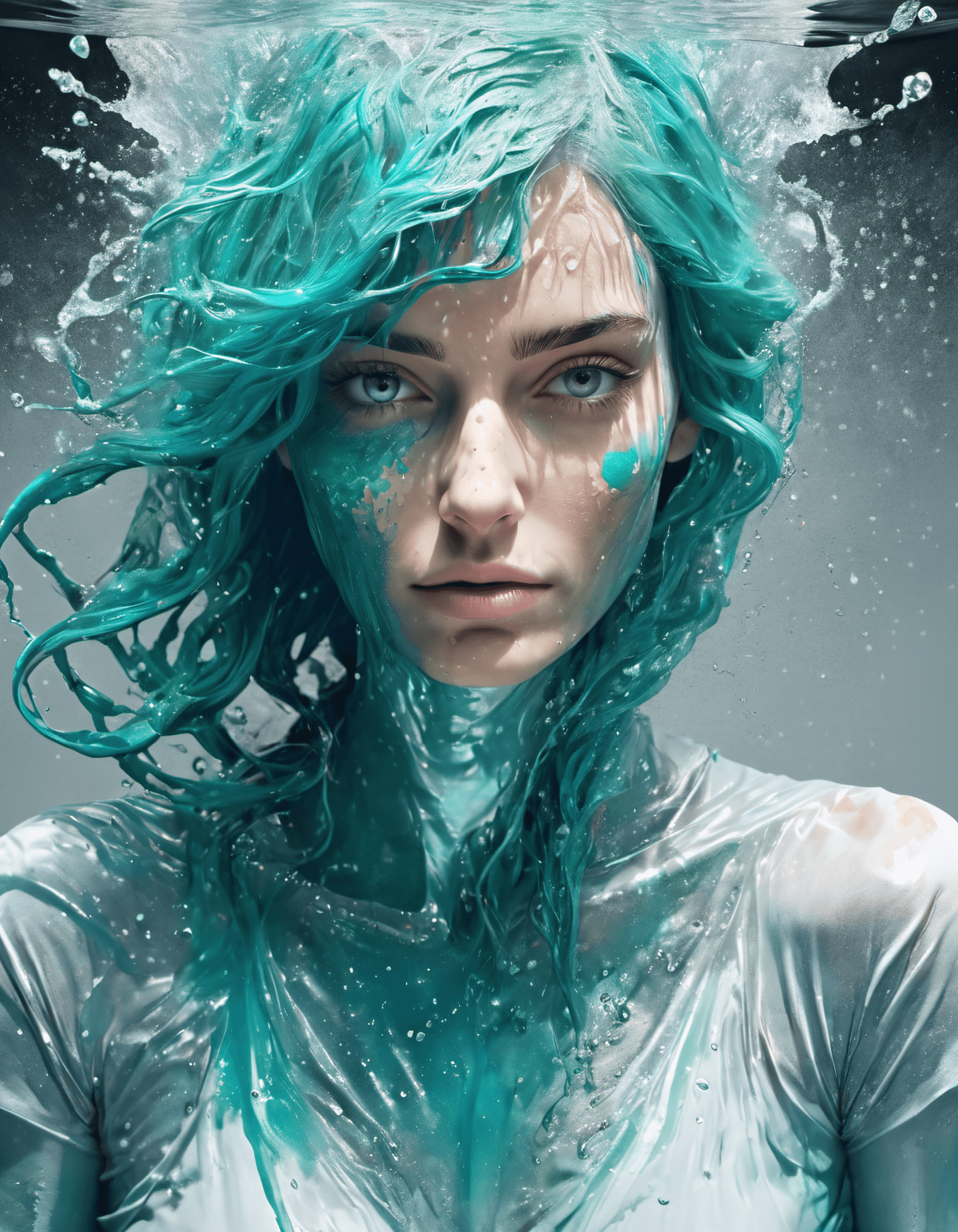 AI generated: Masterpiece, Stunning, Best quality, a half body portrait of a woman as made of water, half body sub...