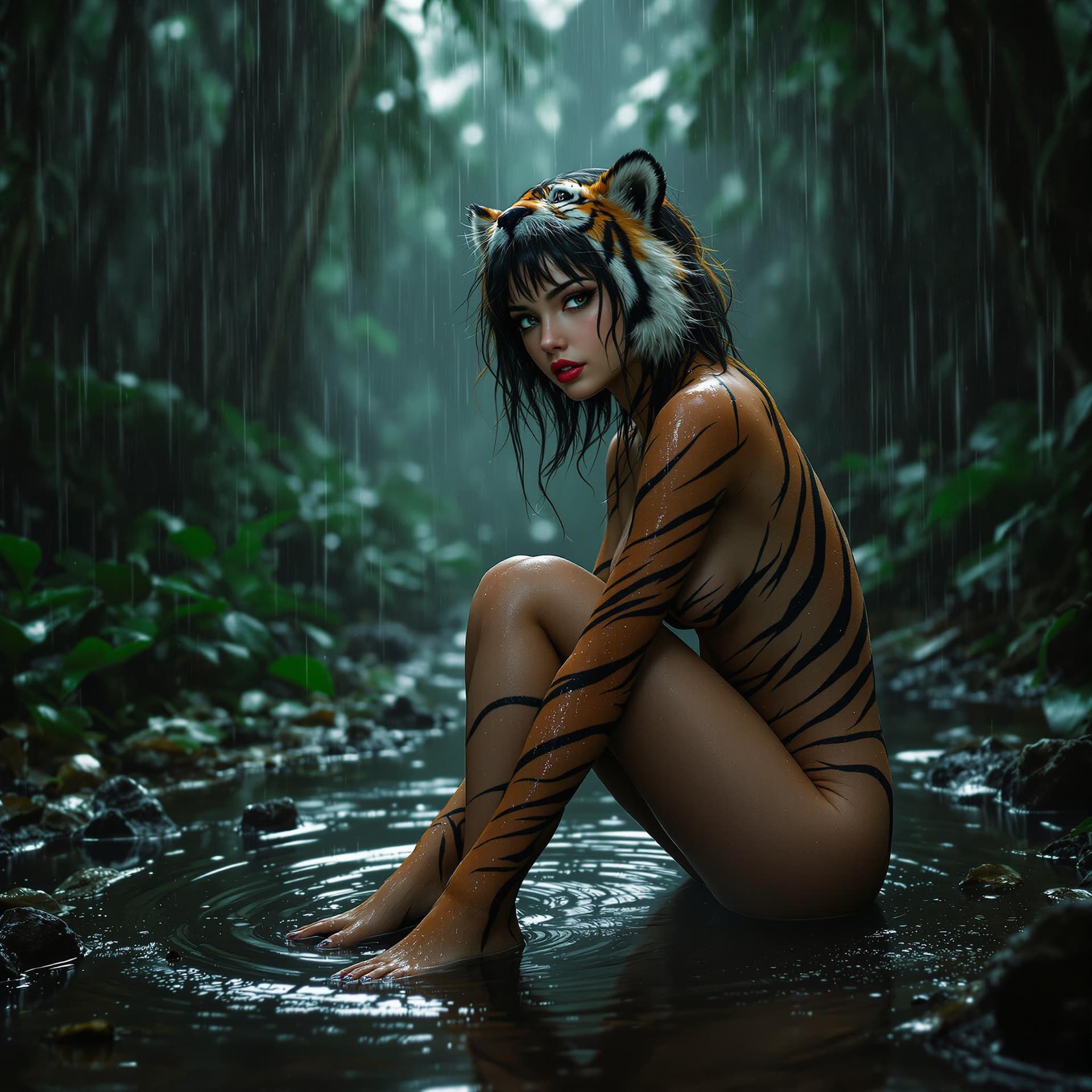 AI generated: A girl, she has tiger traits, tiger patterns on her skin, tiger ears, small petite body, perky ass, ...