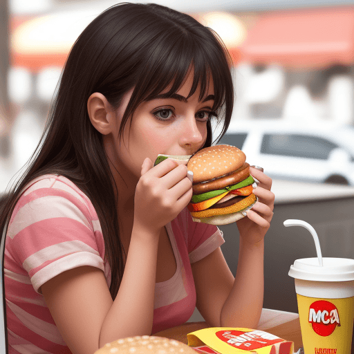 AI generated: crea una imagen de una chica en un cofá comiendo una hamburguesa del macdonals 