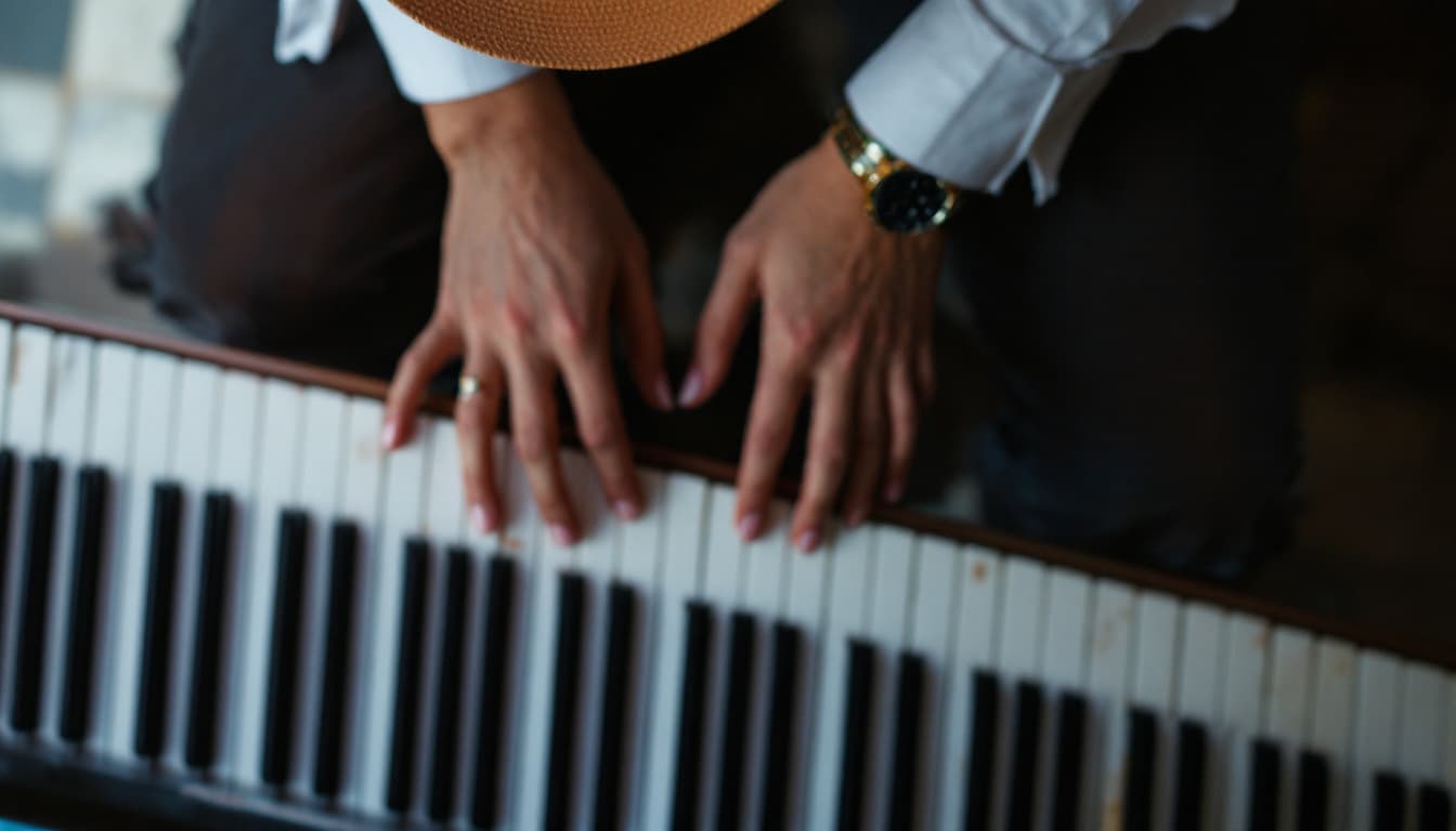AI generated: portrait capturing the essence of a pianist with white hat from an overhead perspective. Focus on th...