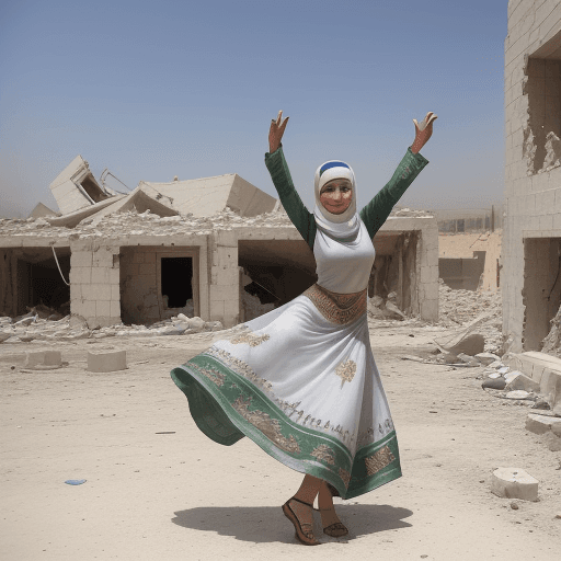 AI generated: realistic eye level exterior photo of a Palestinian woman dancing in front of the tank that destroye...