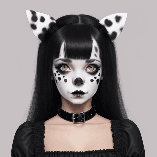 AI generated: Gothic girl dressed as with dalmatian face paint, ears and a dog collar