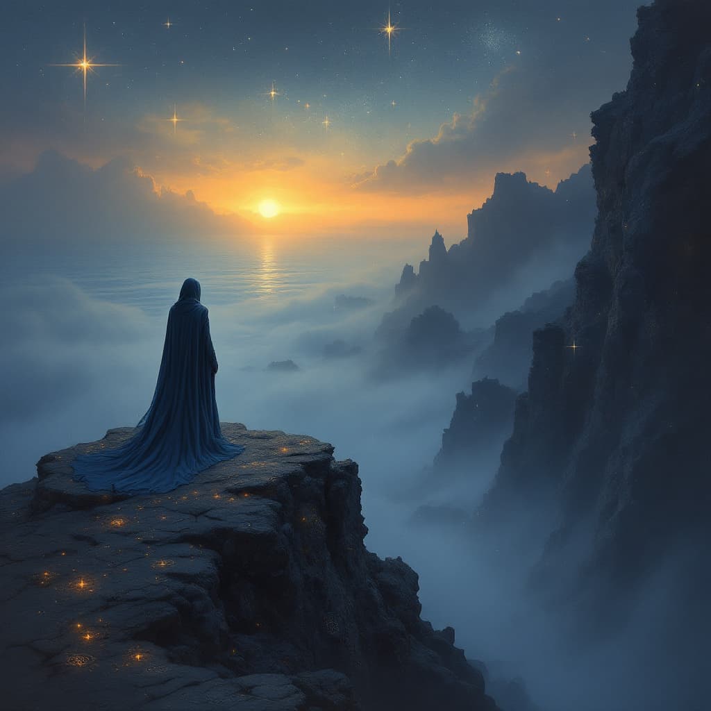 AI generated: An ethereal and mystical album cover featuring a lone figure in a flowing cloak standing on a cliff ...