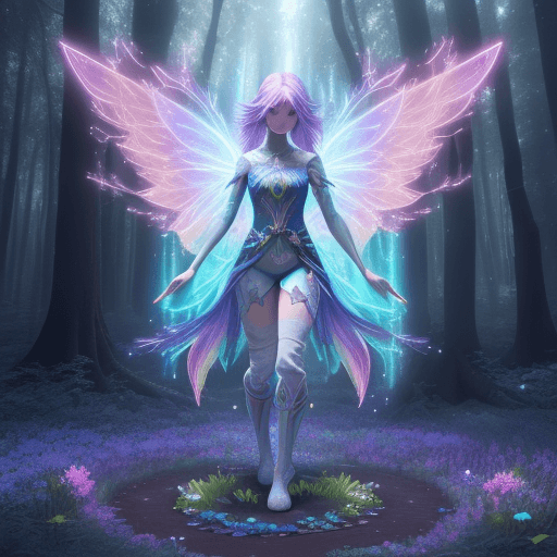 AI generated: Magical Forest scenery, chronomancer(a female), a time-manipulating mage,clean skin, particles of li...