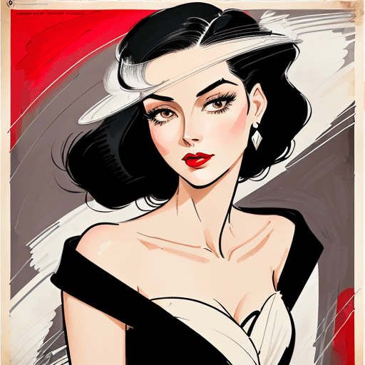 AI generated: Vintage fashion poster of an elegant woman with black hair, drawn in the style of Paul Kenton, featu...