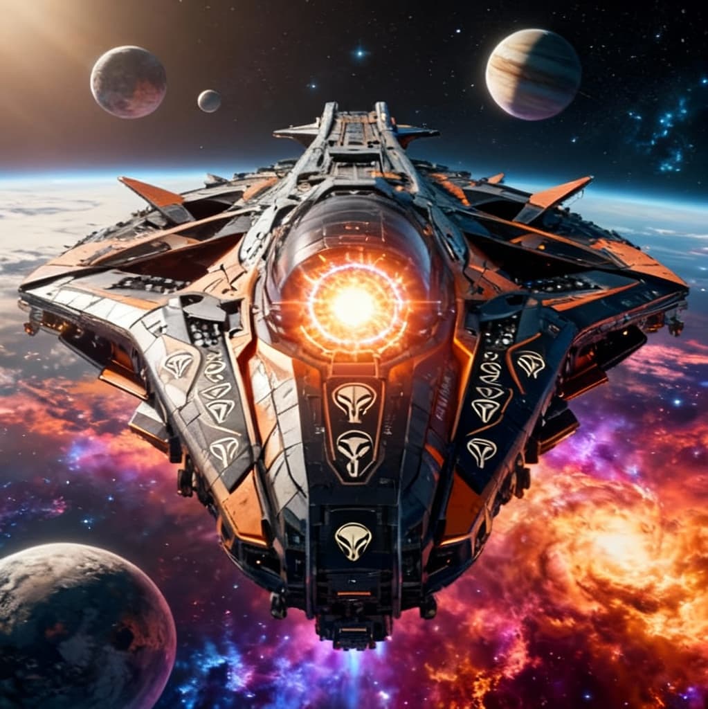 AI generated: Imagine, in detail, an alien spaceship to show a new design. An alien Mega Supercarrier. Show it in ...