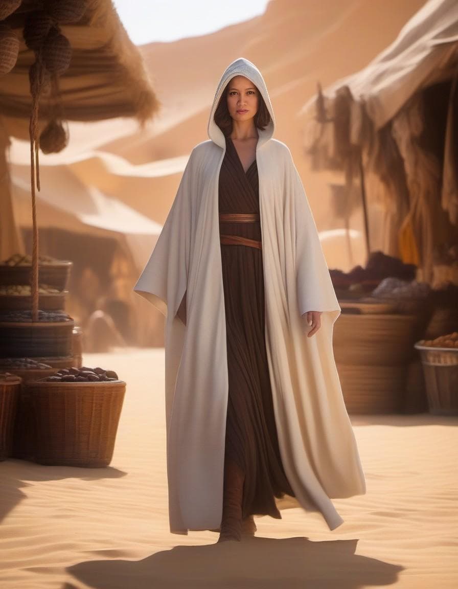AI generated: A serious and brave female jedi walking through a market in Tatooine, wearing a hooded robe, --ar 4:...