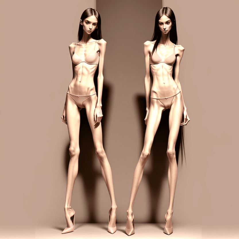 AI generated: photo of two an extremely skinny, flat-chested model with extreme long and skinny legs with extreme ...