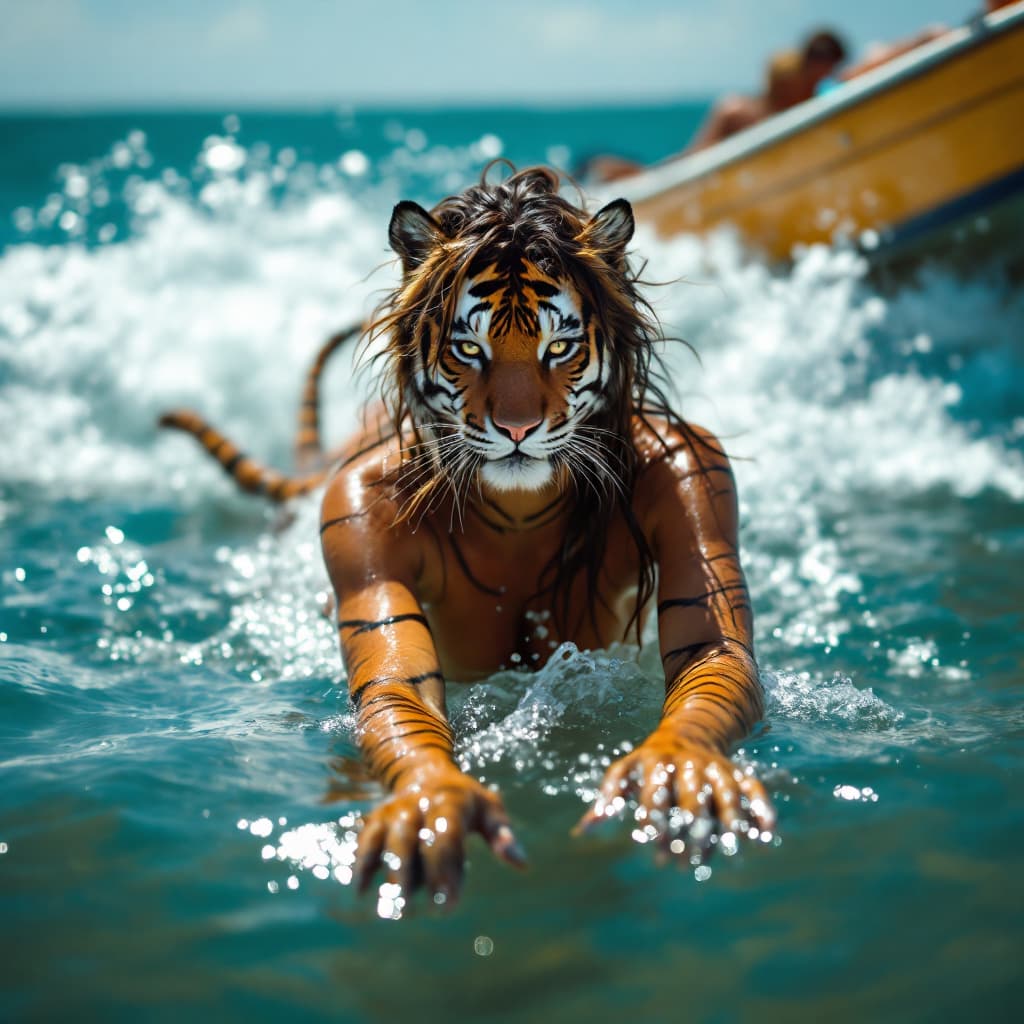 AI generated: Beautiful girl in tiger body swim on the sea follwing up a boat