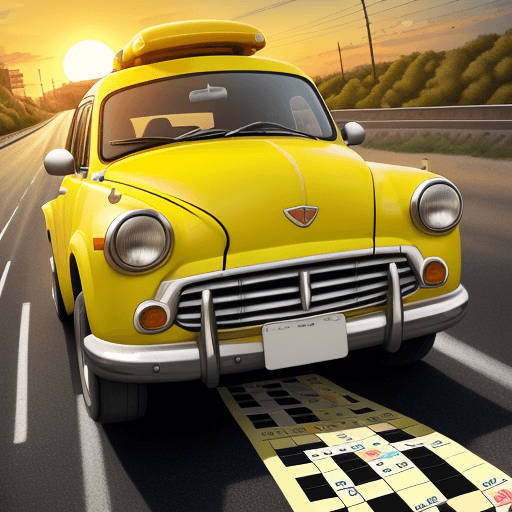 AI generated: Yellow car cartoonish on a highway made up of bingo cards driving off into the sunset