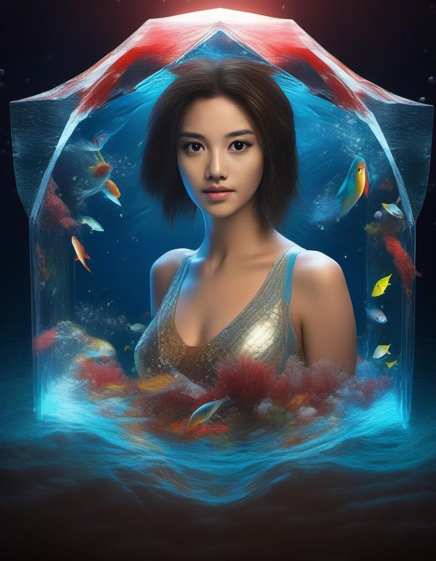 AI generated: Hope masterpiece of a damned mermaid surrounded by lots of tiny glowing fighting fish, Damned Shelma...