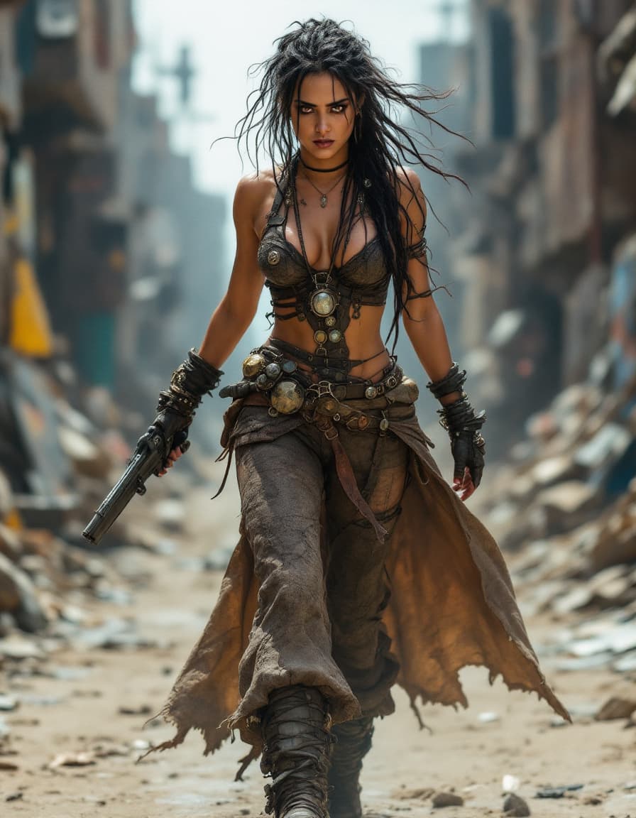 AI generated: Selma Hayek, traversing through city made of scrapped material, clothing style Mad Max or Fallout un...