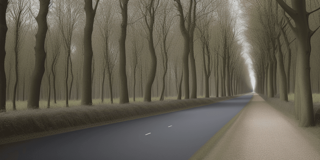 AI generated: stretch of the Arenberg Forest, of the Paris-Roubaix cycling race, in cartoon style, with no people ...
