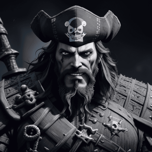 AI generated: Blackbeard the pirate, smile evil, tips of his beard and hair are on fire::4 intricate armor, intric...