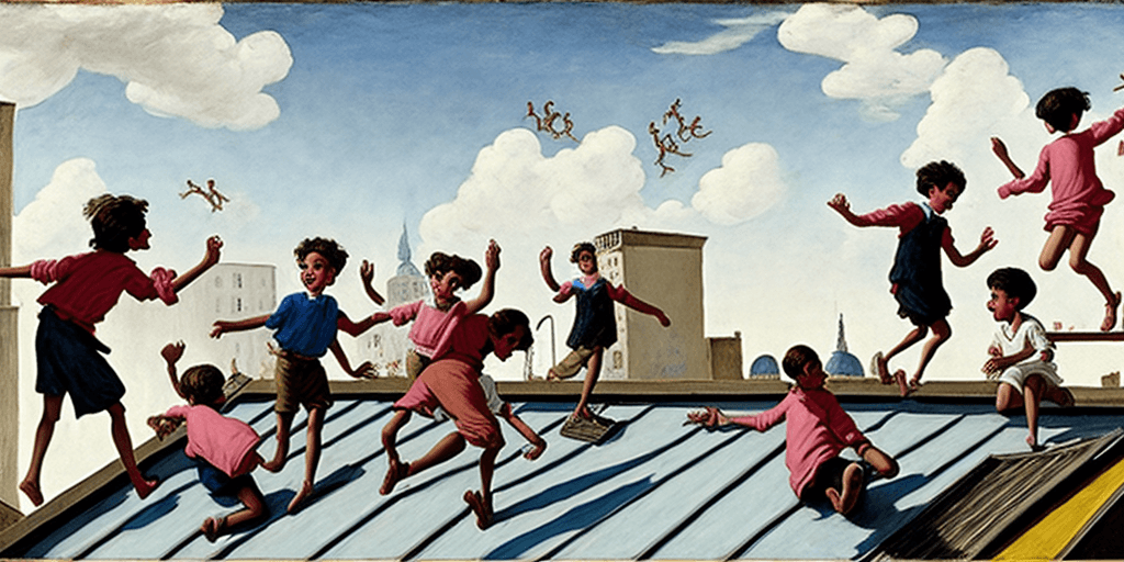 AI generated: children playing on rooftop, neo rauch