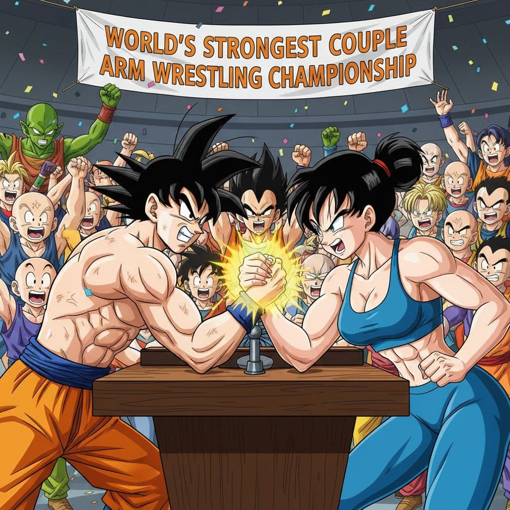AI generated: Dragonball z anime style: A shirtless base form Goku and a muscular Chichi wearing blue workout clot...