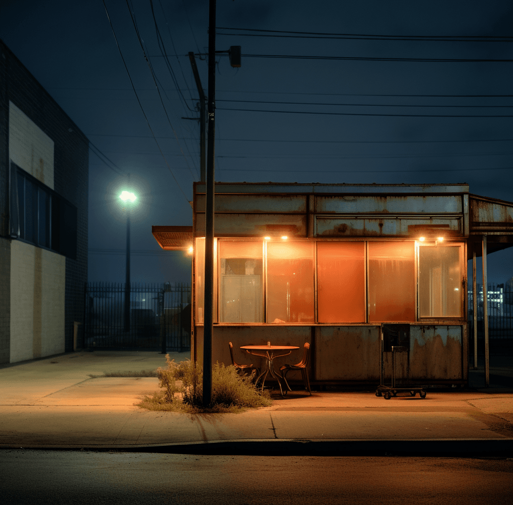AI generated: A photograph of an empty restaurant exterior at night, in the middle distance is a small container o...