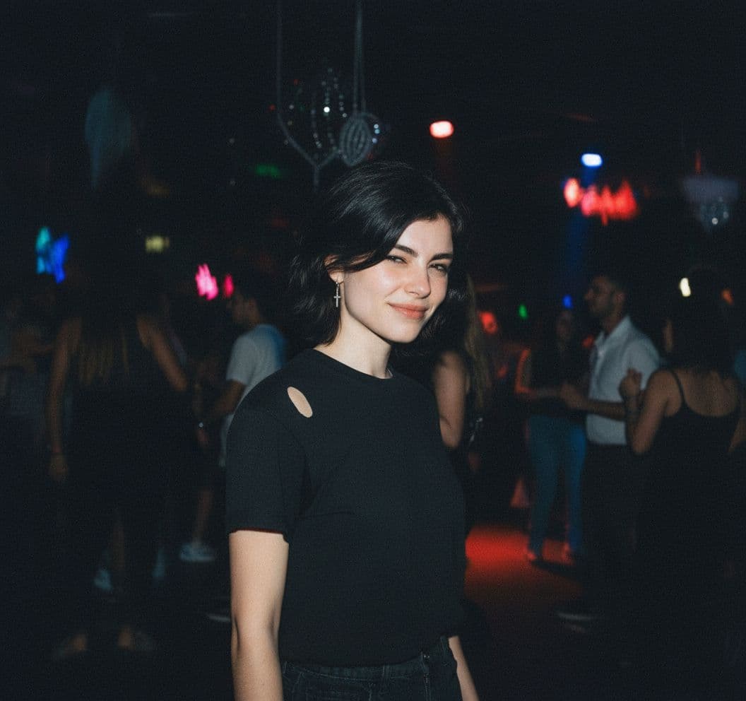 AI generated: Grainy disposable camera photo in a club in her streetware outfit remove her accessories and add a b...