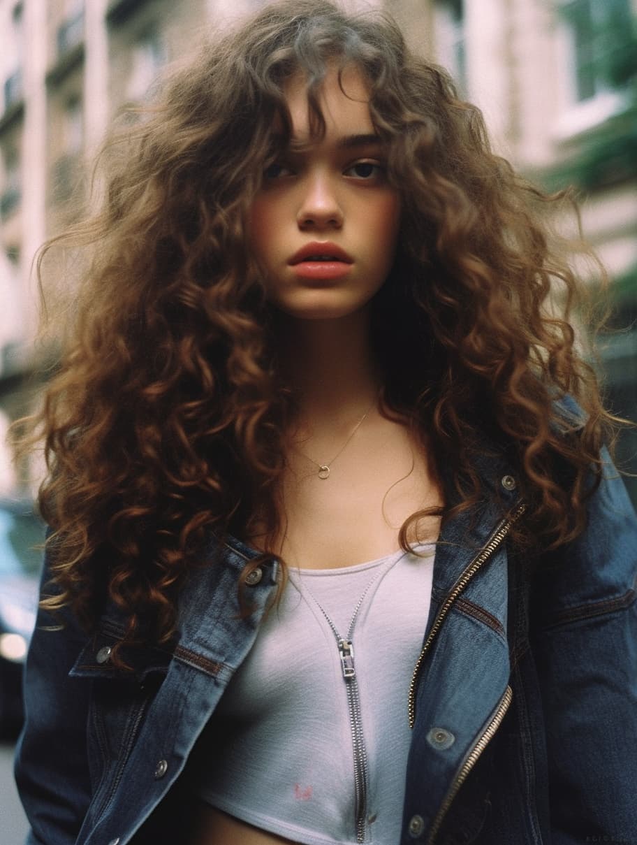 AI generated: photo of a woman , i-d magazine, hair floating covering chest, she is about 1 6 years old. crop top ...