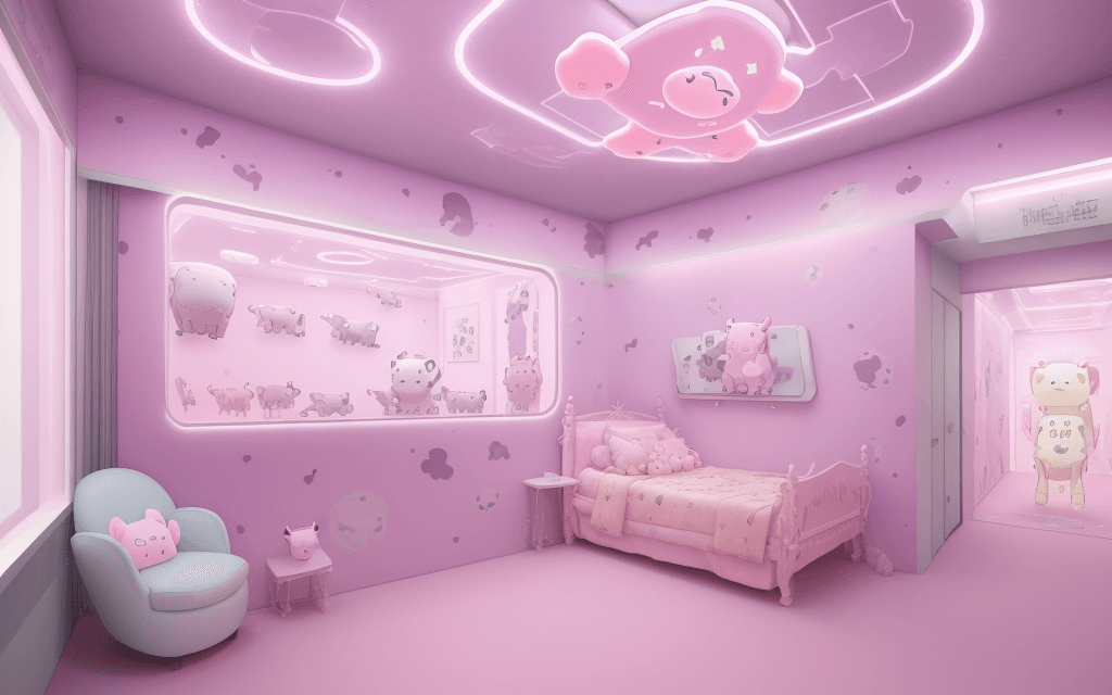 AI generated: cows, kawaii, ambient spaceship room, plush animals, pastel pink, pastel purple, pastel star lights,...