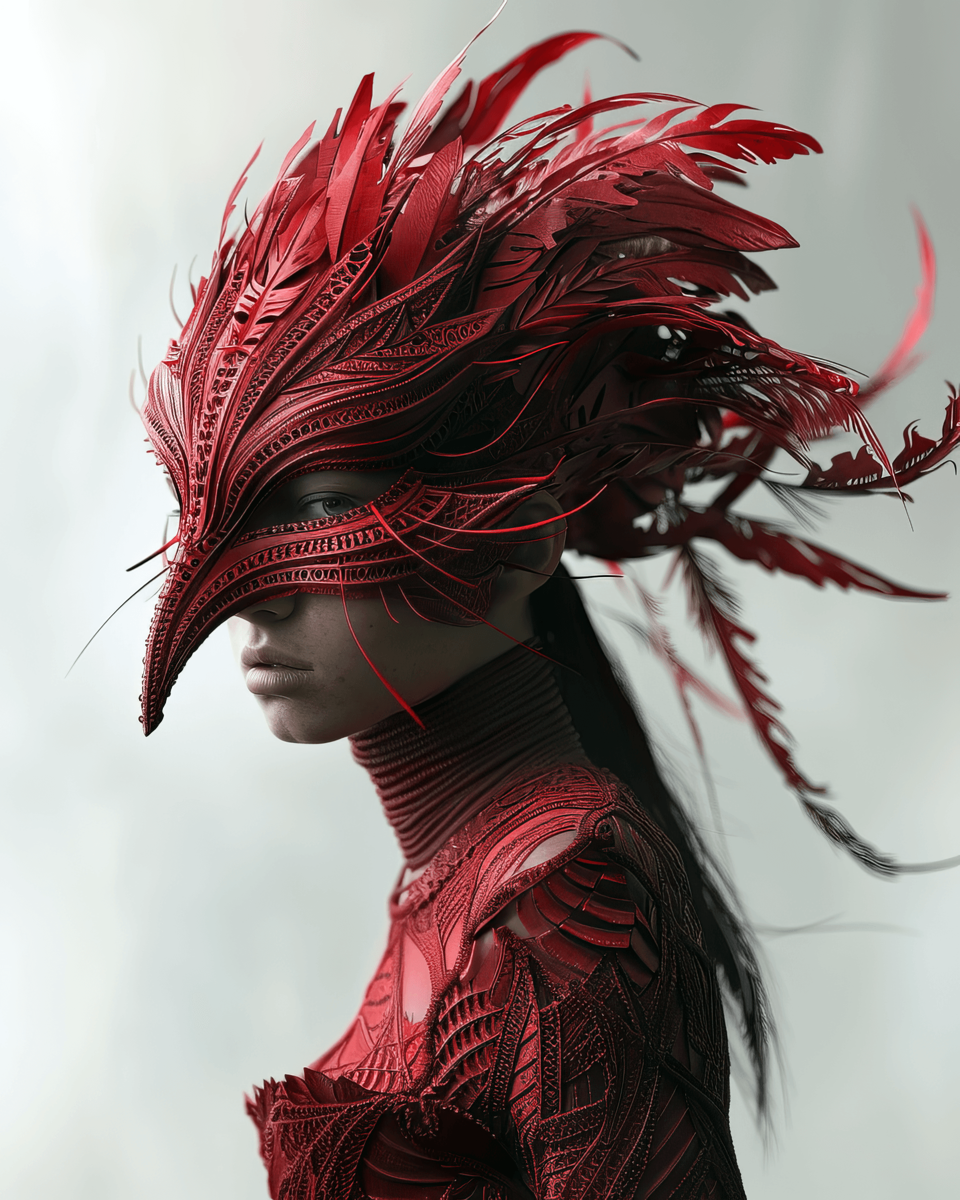AI generated: a woman in red with a red mask posing, in the style of modern and contemporary fashion design, woven...