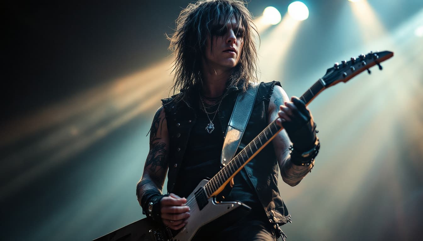 AI generated: Rock musician with guitar, rim lighting from behind, edgy style,no stereotypical rocker look, no exa...