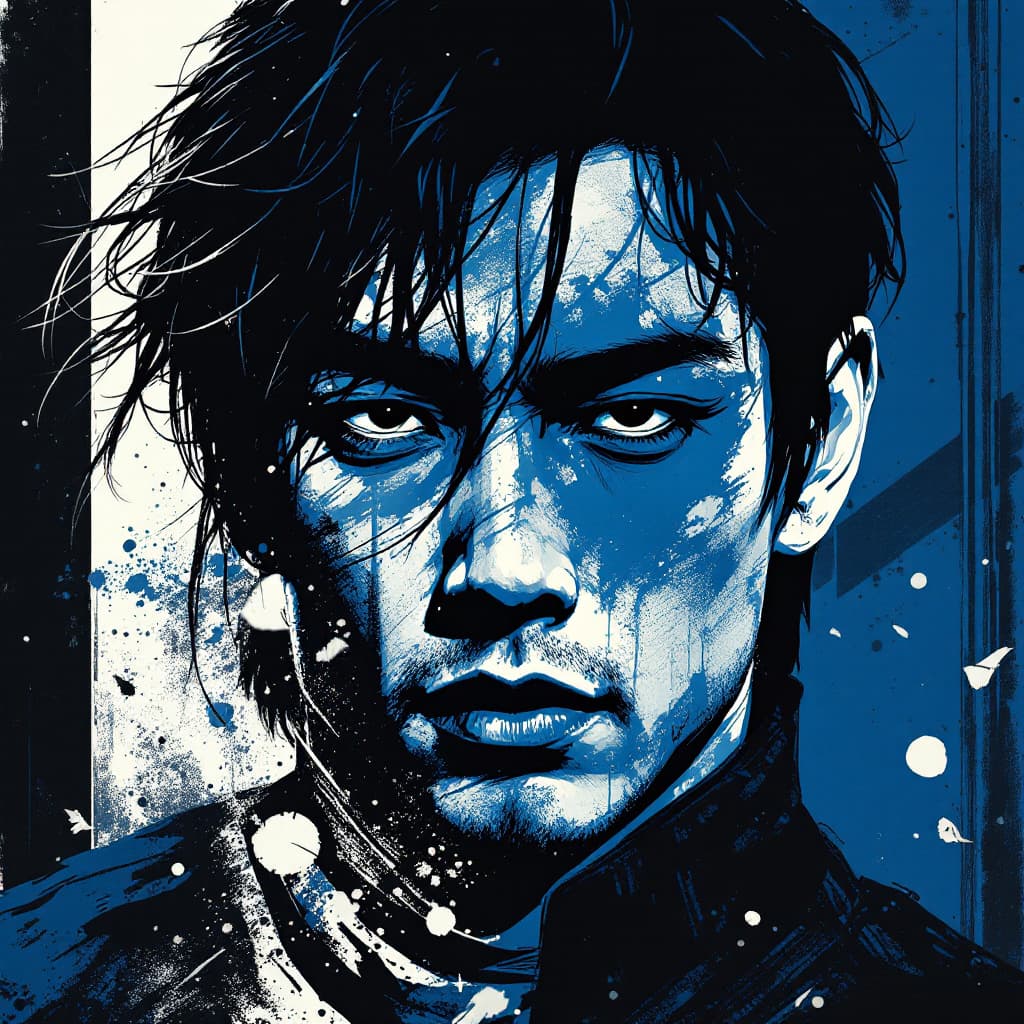 AI generated: Men and Black Movie poster, male character in black, white and blue, in the style of yoh nagao, ligh...